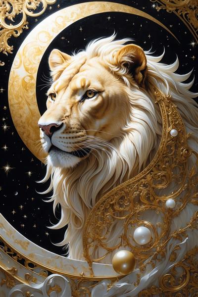 تصویر نیم‌رخ شیر سفید و طلایی روی پس‌زمینه کهکشانی