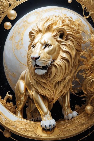 عکس شیر طلایی ایستاده در مقابل ماه برای پوستر دیواری