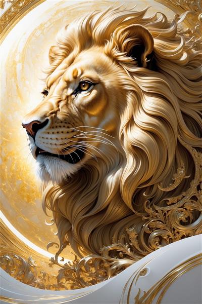 تصویر نیم‌رخ شیر یال‌دار طلایی برای چاپ تابلو هنری