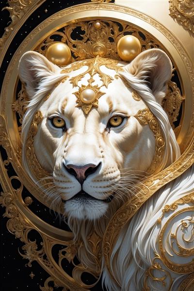 عکس نمای نزدیک ماده شیر با تزئینات طلا و جواهر