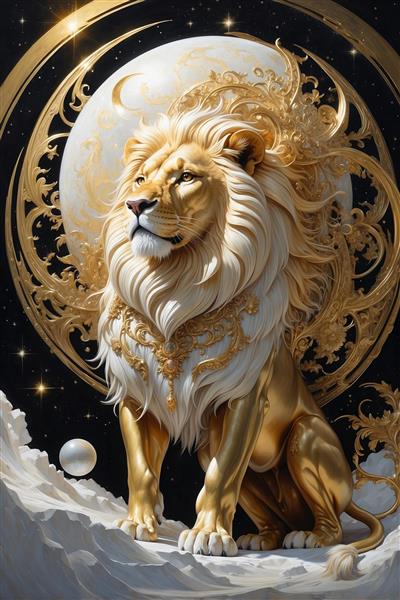 عکس شیر اساطیری ایستاده روی برف برای پوستر دیواری