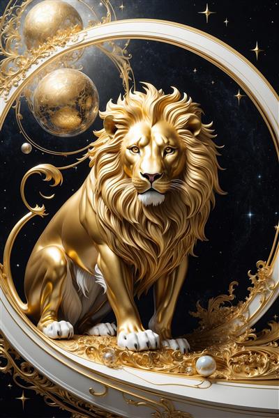 عکس شیر طلایی با پس‌زمینه کهکشانی برای پوستر اتاق کودک