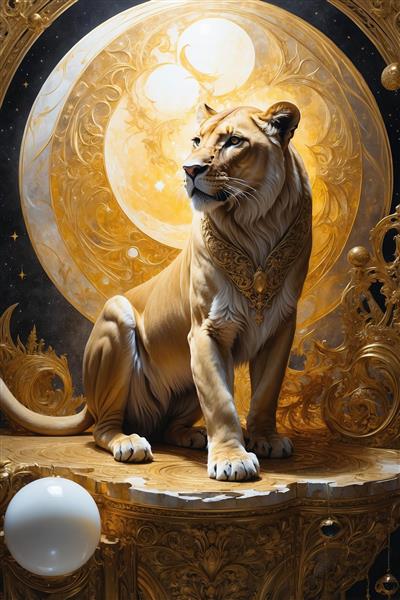 تصویر ماده شیر سلطنتی طلایی نشسته بر روی سکوی مجلل