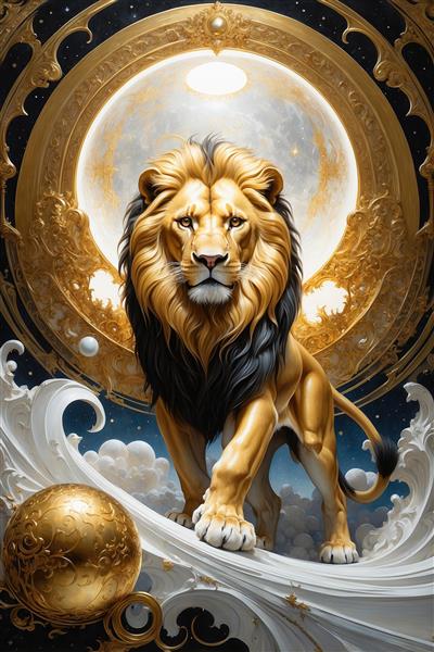 طرح دکوراتیو شیر ایستاده با یال مشکی برای چاپ پوستر