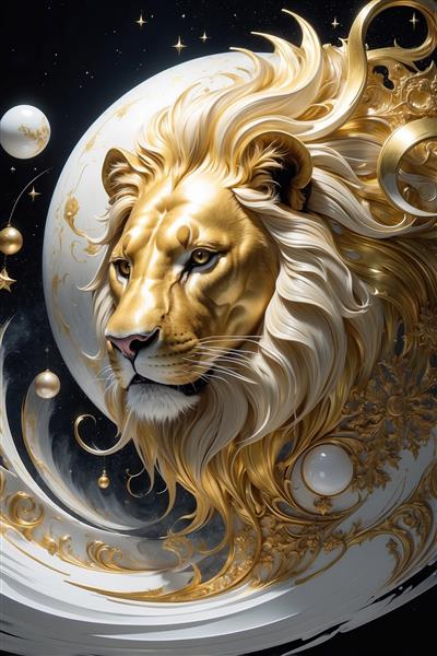 تصویر سر شیر طلایی فانتزی با المان‌های مروارید و ماه