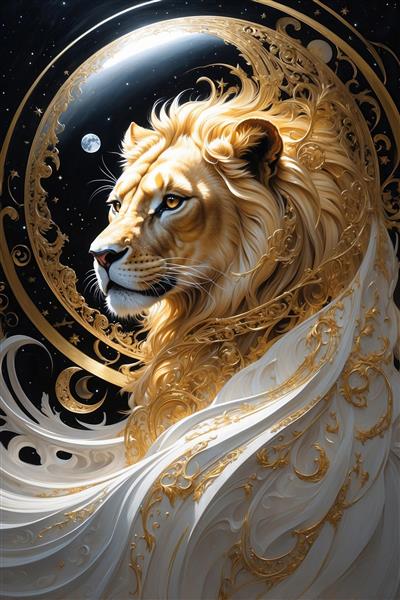 عکس شیر اساطیری طلایی و سفید برای تابلو دکوراتیو مدرن