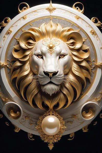 طرح برجسته و متقارن سر شیر سفید و طلایی با مروارید