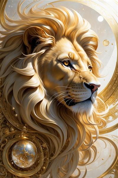 تصویر هنری شیر نجیب با گوی کریستالی و تزئینات طلا