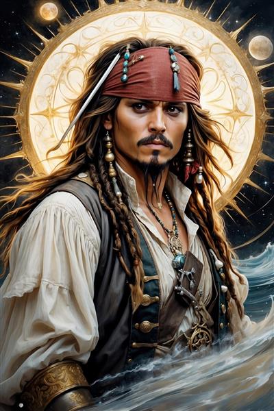 پوستر جک اسپارو در میان امواج دریا و خورشید طلایی