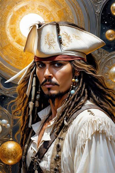 پوستر هنری جک اسپارو با پس‌زمینه کهکشانی و طلایی