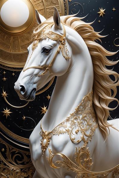 تصویر اسب سفید با تزیینات طلایی برای چاپ روی پرده