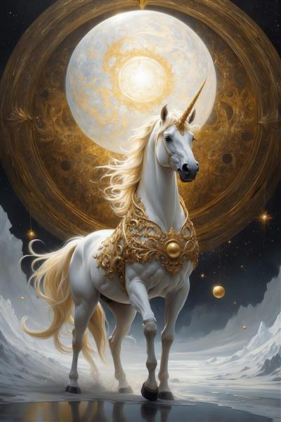 تصویر اسب تک‌شاخ سفید در منظره برفی برای تابلو