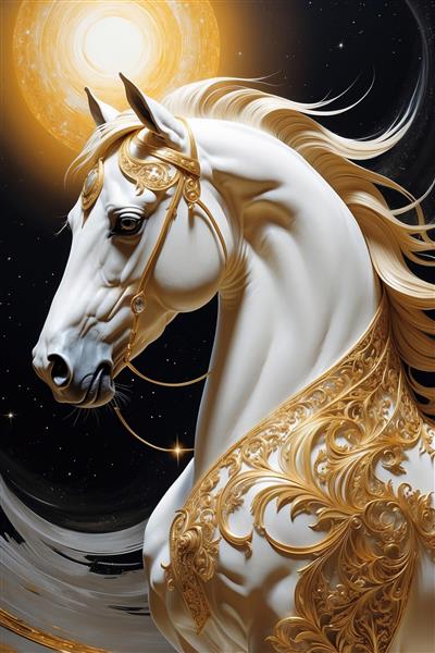 عکس نیم‌رخ اسب با تزیینات طلایی لوکس برای تابلو