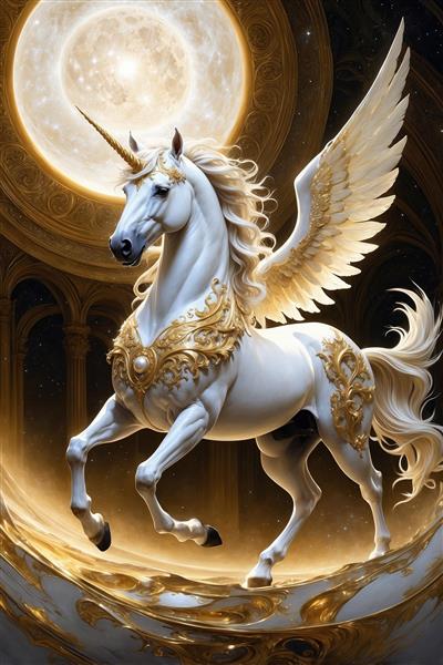 طرح اسب تک‌شاخ افسانه‌ای با بال‌های بزرگ برای پوستر