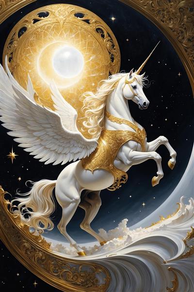 عکس اسب تک‌شاخ بالدار در آسمان شب برای چاپ پوستر