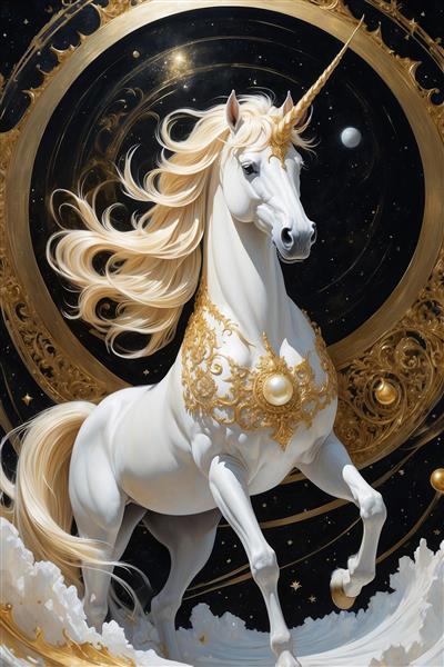 تصویر اسب تک‌شاخ رویایی با یال طلایی برای تابلو دکوراتیو