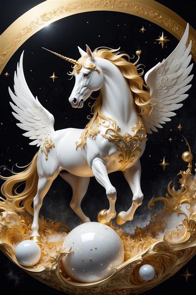 طرح اسب تک‌شاخ بالدار سفید فانتزی برای پوستر دیواری