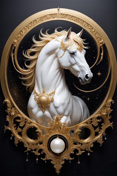 عکس اسب سفید در قاب طلایی برای پوستر دیواری