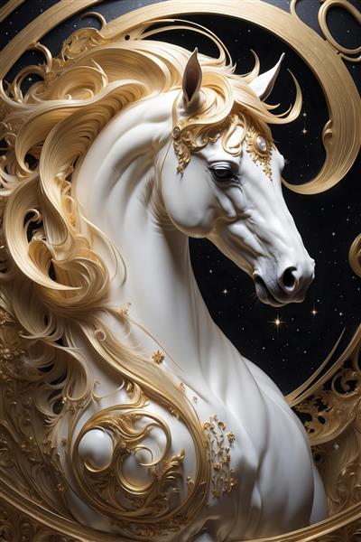 طرح مینیاتوری سر اسب با یال‌های طلایی لوکس