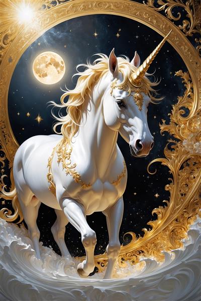 تصویر اسب تک‌شاخ افسانه‌ای با ماه برای پوستر دیواری