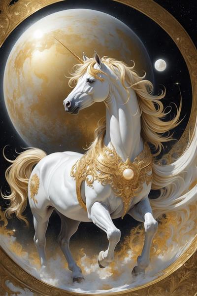 عکس اسب تک‌شاخ رویایی در مه برای چاپ پرده