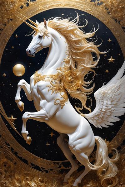 تصویر اسب شاخدار بالدار فانتزی در کهکشان برای پوستر