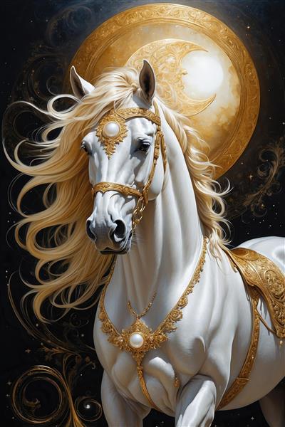 طرح دکوراتیو اسب سفید فانتزی مقابل ماه برای تابلو