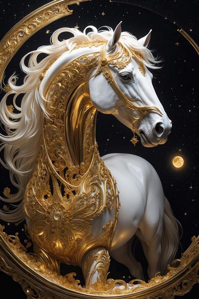 عکس اسب سفید در قاب دایره‌ای طلایی برای اتاق