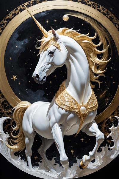 طرح دکوراتیو تک‌شاخ سفید در قاب طلایی برای پوستر اتاق