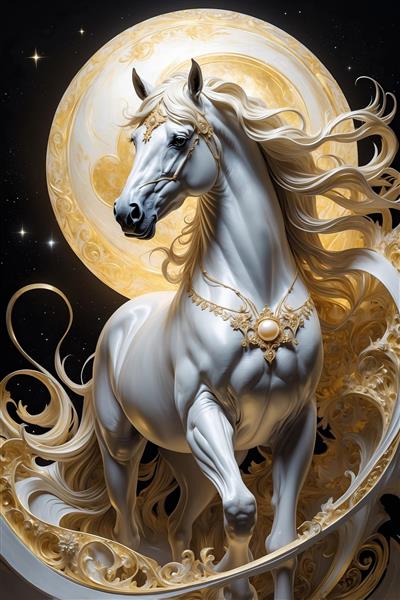 تصویر اسب سفید فانتزی با یال‌های بلند برای چاپ تابلو