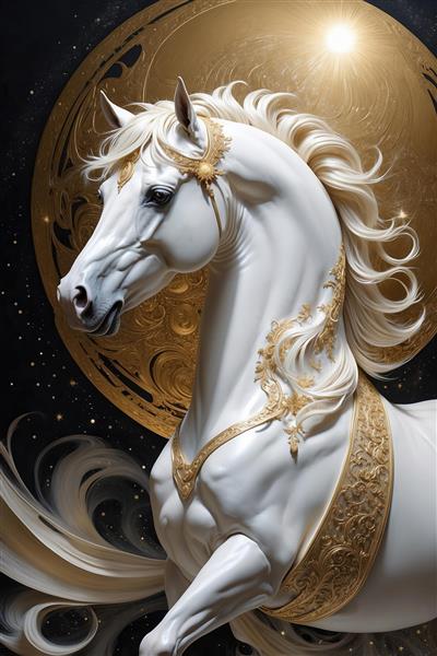 عکس باکیفیت اسب سفید اشرافی با یراق‌آلات طلایی دکوراتیو
