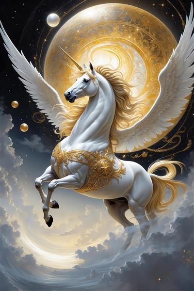 طرح فانتزی اسب بالدار سفید در میان سیارات و کهکشان