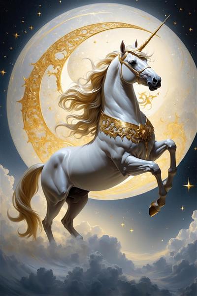 عکس اسب تک‌شاخ سفید در آسمان شب برای اتاق کودک