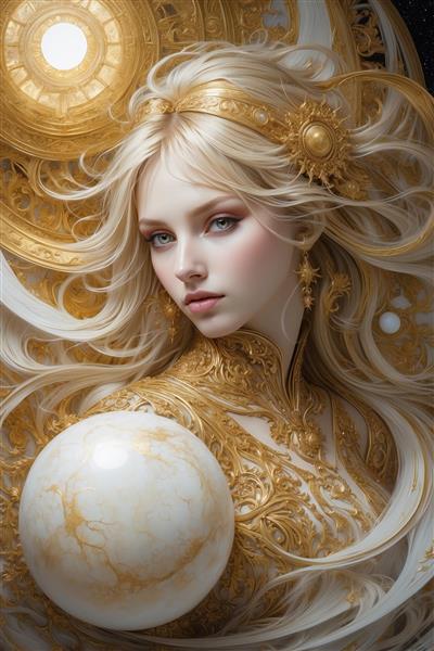 طرح دکوراتیو چهره زن فانتزی با جزئیات طلایی برای تابلو