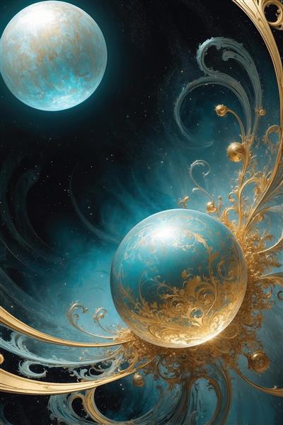 عکس سیاره فیروزه‌ای و اسلیمی طلایی برای چاپ پرده