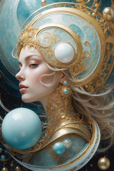 تصویر زن فانتزی با تاج طلایی و مروارید برای تابلو
