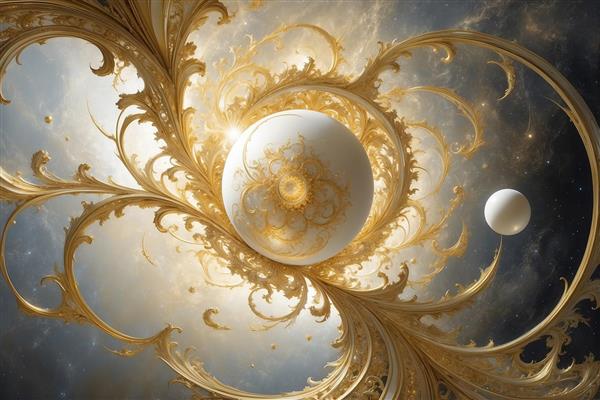 طرح انتزاعی گوی سفید و نقوش اسلیمی طلایی برای پوستر