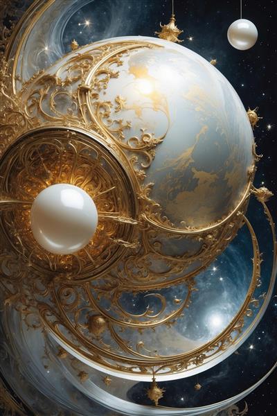 تصویر سیاره مرواریدی با مدارهای طلایی برای پوستر