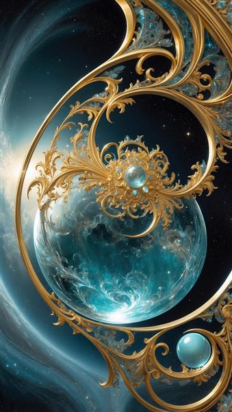 عکس انتزاعی گوی بلورین و پیچک‌های طلایی درخشان