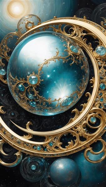 تصویر گوی کریستالی آبی و هلال طلایی دکوراتیو