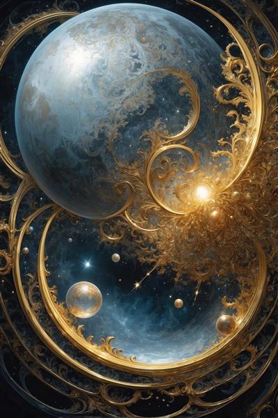 طرح انتزاعی سیاره مه‌آلود و نقوش اسلیمی برای چاپ