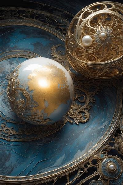 طرح گوی‌های مرواریدی و طلایی روی صفحه فیروزه‌ای برای دکور