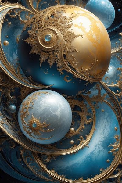 تصویر سیارات فانتزی طلایی و آبی برای چاپ تابلو اتاق خواب