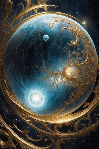 عکس انتزاعی سیاره آبی و شاخه‌های طلایی برای چاپ تابلو