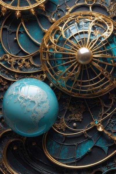 تصویر انتزاعی گوی فیروزه‌ای و نقوش طلایی برای چاپ دکوراتیو