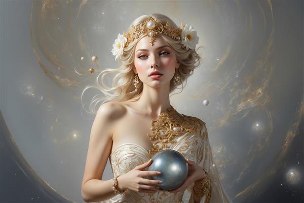 تصویر زن با مروارید سیاه و تاج طلایی برای پوستر لوکس