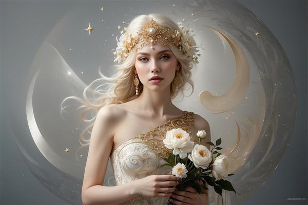 تصویر ملکه مروارید با گل‌های رز برای پوستر اتاق خواب