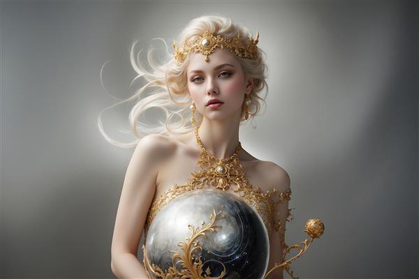 عکس سورئال زن با گوی سیاره‌ای برای تابلو مدرن و خاص