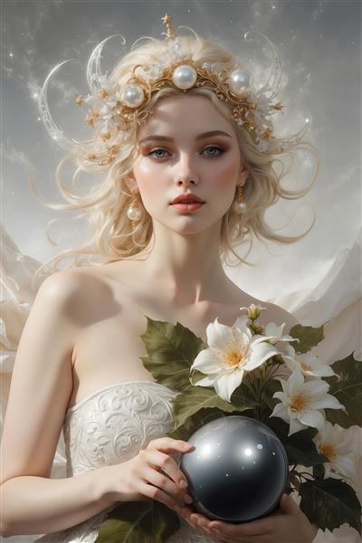 طرح زن با گوی جادویی و گل سفید برای پوستر مدرن