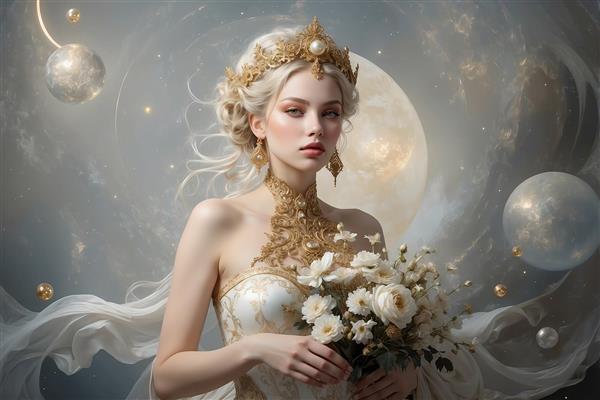 تصویر ملکه با تاج مروارید و دسته گل برای تابلو دکوراتیو